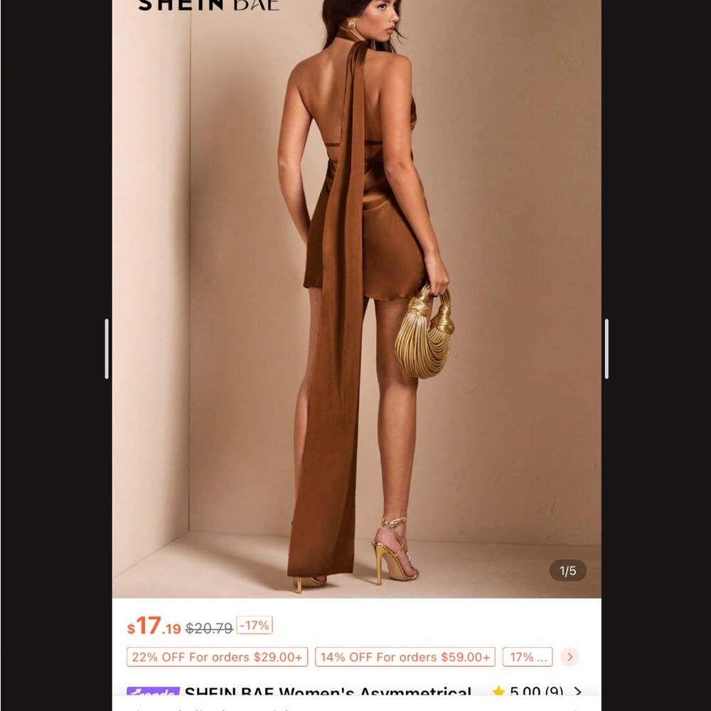 Shein bae brown asymmetrical sleeveless solid deep v backless silk satin dress